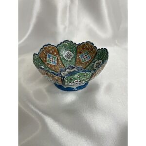 Vintage Round Patchwork Design Brown Green Enamel Scalloped Trinket Dish 4" Wide